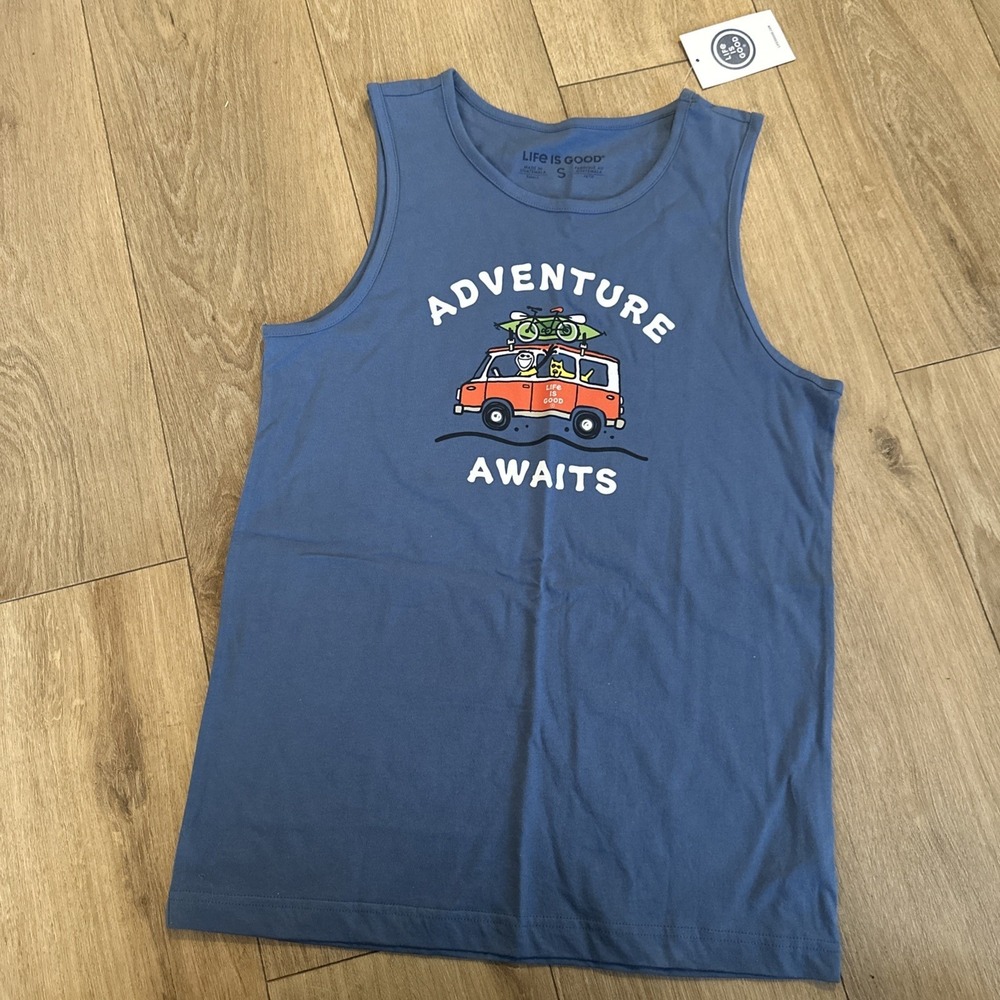 Life Is Good‎ Adventure Awaits Kayak Men's Sleeveless Tank Size Small Blue NEW